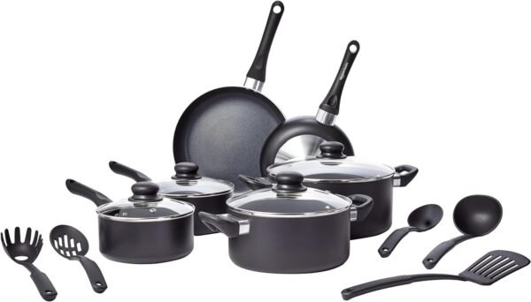 Basics Non-Stick Cookware 15-Piece Set, Pots, Pans and Utensils, Black